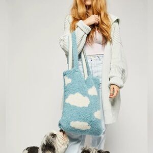 NWOT Free People Sky High Teal Blue Clouds Fuzzy Carry On Tote Bag